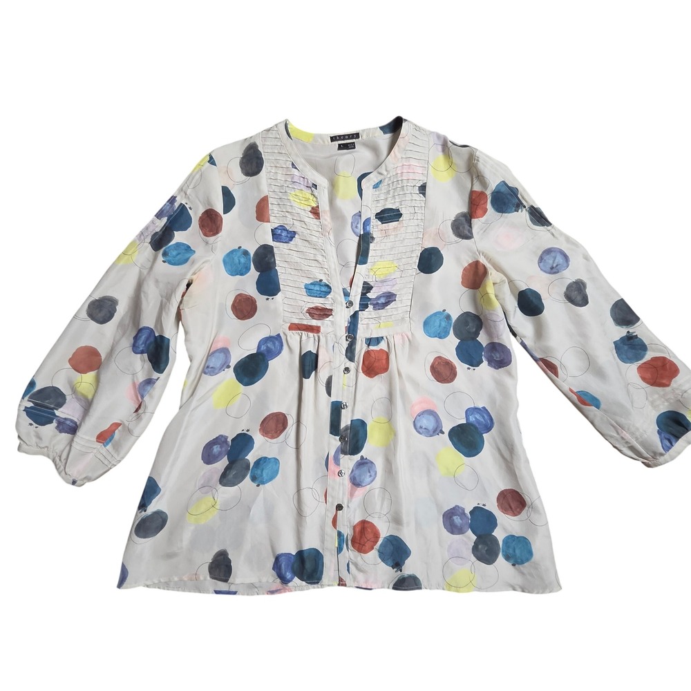 Theory Silk Watercolor Polka Dot Pleated Top Art To Wear 3/4 Sleeve L Retro